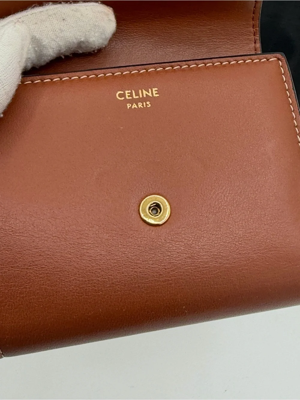 Celine Brown Leather Triomphe Compact Wallet with Gold Hardware